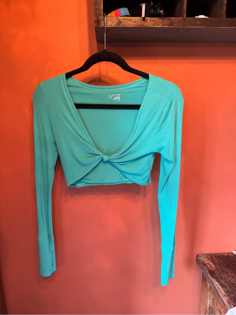 aerie Turquoise Ribbed Twist-Front Long Sleeve Crop Top